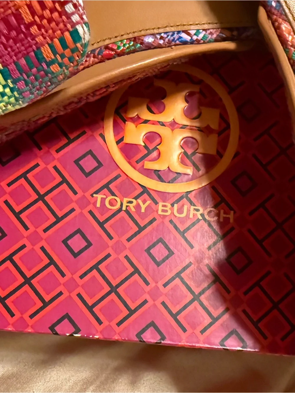 Tory Burch sz 9 Woven Multicolor Slide Mule with Gold Chain Detail